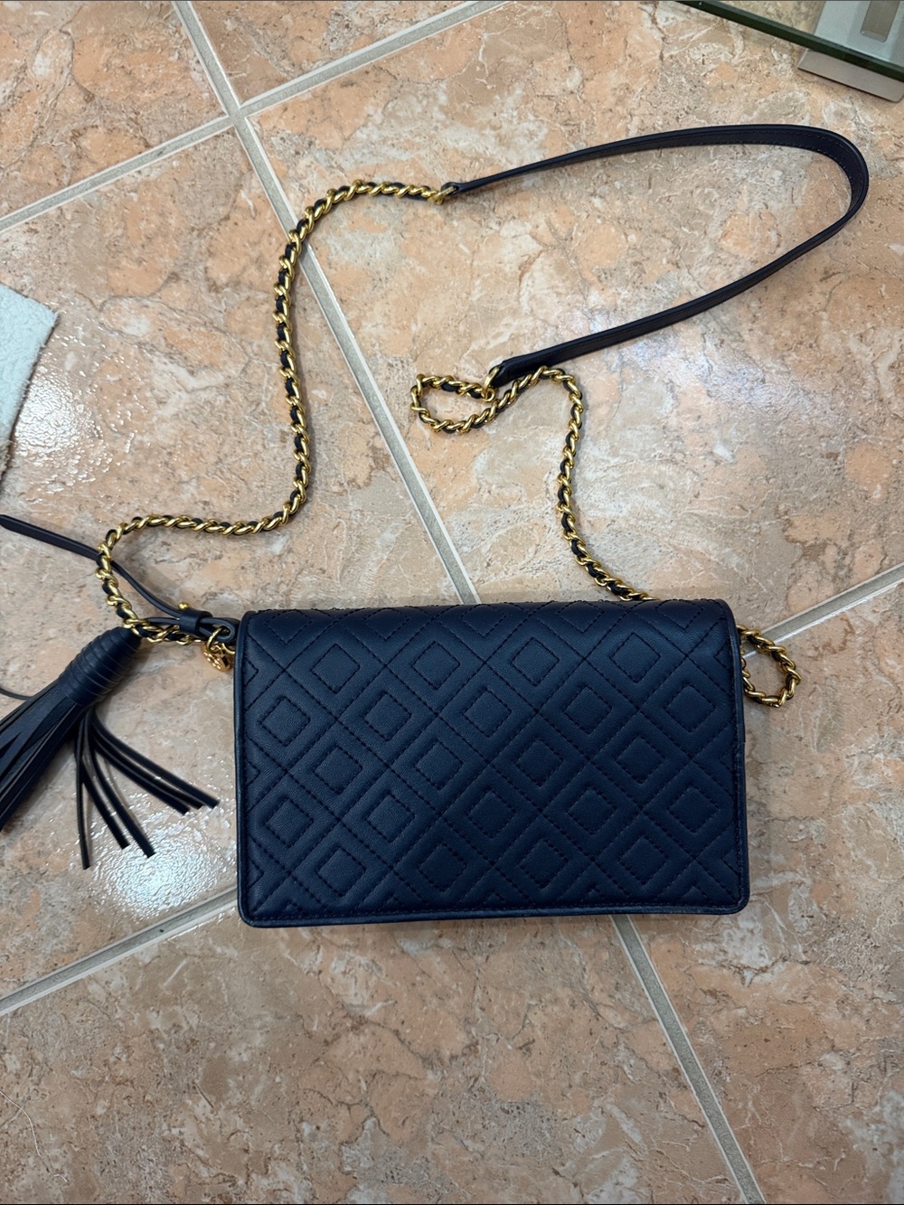 Tory Burch Black Quilted Crossbody with Gold Chain and Tassel